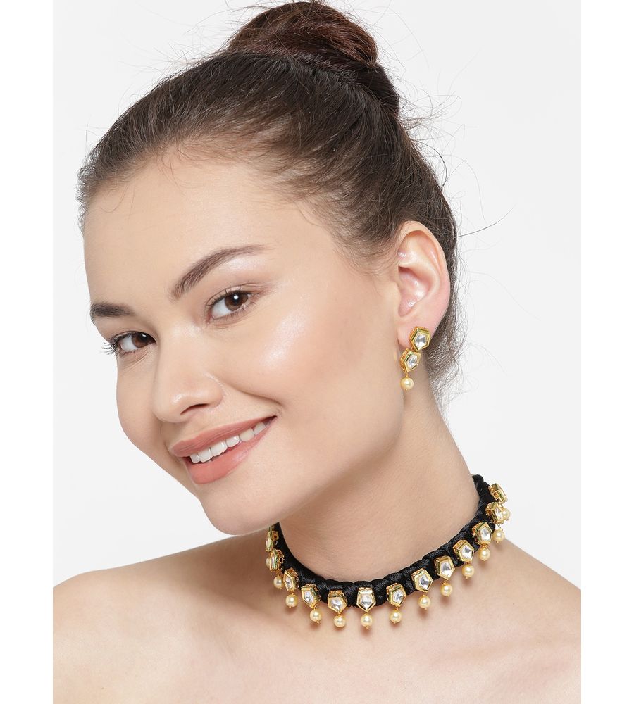 YouBella Black  Gold-Toned Stone-Studded Beaded Jewellery Set